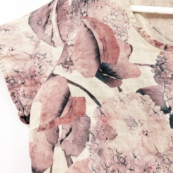 Flax Women Beachy Tropical Hydrangea Floral 100% Linen Short‎ Sleeve Top 18-20 - Picture 3 of 5